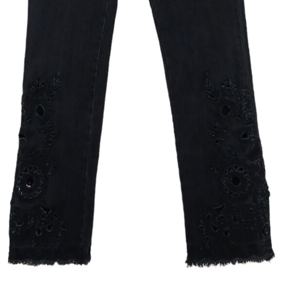 Free People SZ 25 Black High Rise Fringe Hem Jeans With BOHO Leg Cutouts - Picture 3 of 7